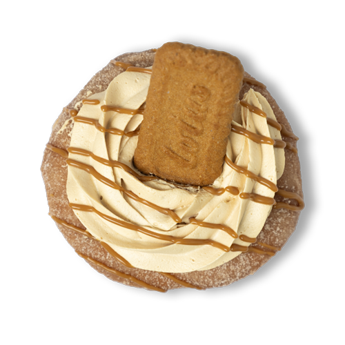 Glazed cinnamon sugar doughnut, filled, and topped with Biscoff cookie butter whip, drizzled with cookie butter and a cookie on top