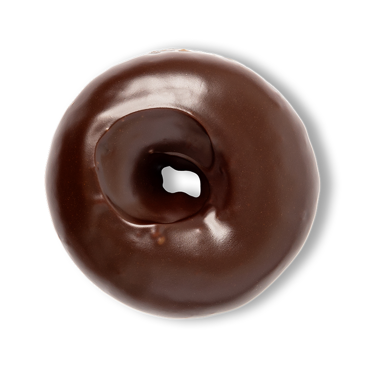 Chocolate glazed donut shown from above on a black background.