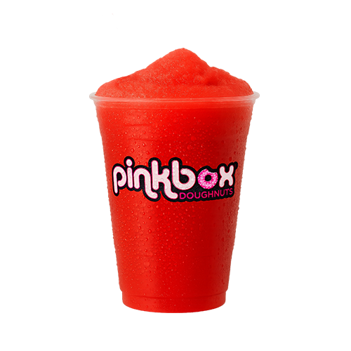Pinkbox Doughnuts frozen red slush drink in clear cup