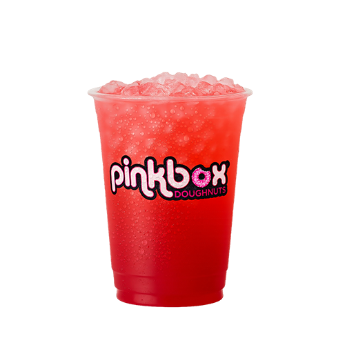 Pinkbox Doughnuts iced red drink with ice in clear cup