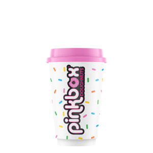 Pinkbox Doughnuts branded paper cup with pink lid on black background