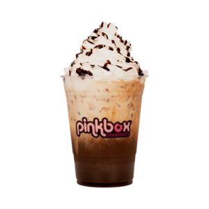 Pinkbox Doughnuts iced coffee topped with whipped cream and chocolate drizzle