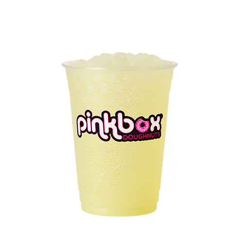 Pinkbox Doughnuts yellow frozen lemonade drink in clear cup